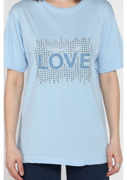 Love Taşlı Bisiklet Yaka Kadın Tişört P-00016715