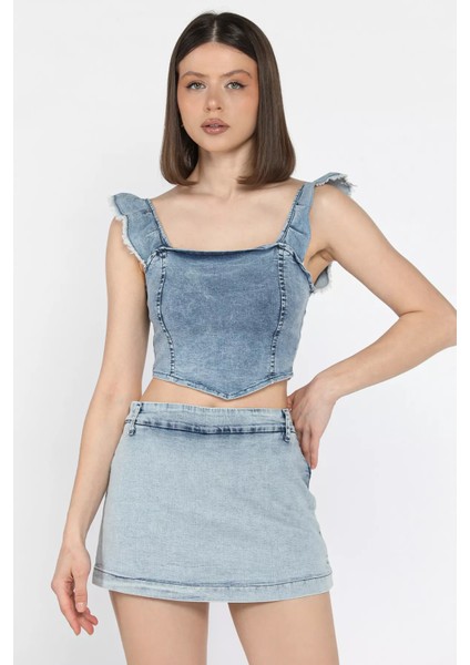 Kadın Omuz Fırfırlı Sırt Fermuarlı Jean Kot Crop Top Bluz P-00016719