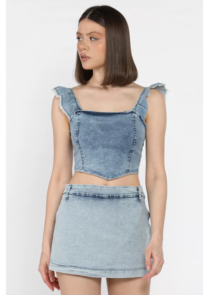 Kadın Omuz Fırfırlı Sırt Fermuarlı Jean Kot Crop Top Bluz P-00016719
