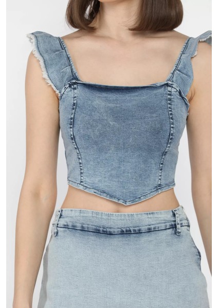 Kadın Omuz Fırfırlı Sırt Fermuarlı Jean Kot Crop Top Bluz P-00016719
