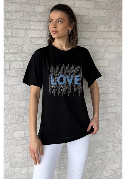 Love Taşlı Bisiklet Yaka Kadın Tişört P-00016715
