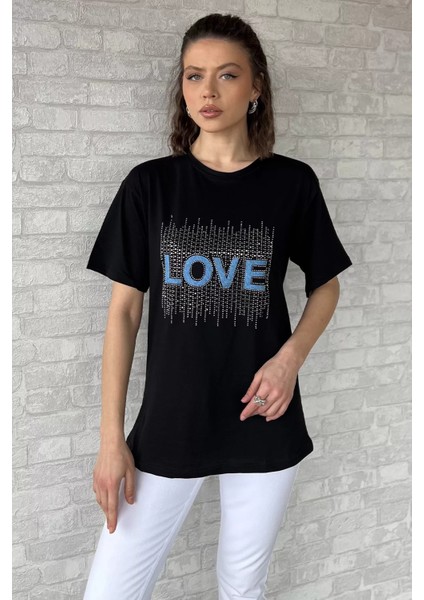 Love Taşlı Bisiklet Yaka Kadın Tişört P-00016715