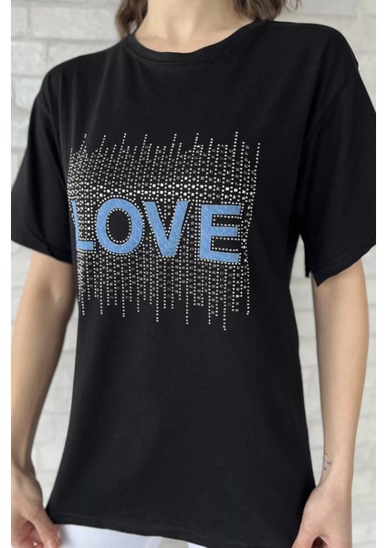 Love Taşlı Bisiklet Yaka Kadın Tişört P-00016715