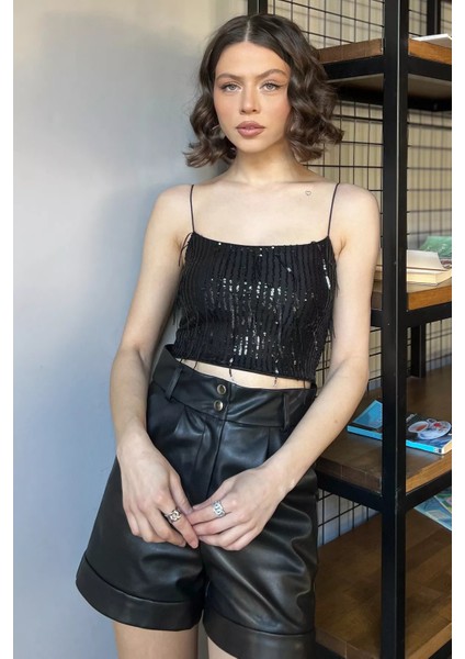 Kadın Ip Askılı Pul Işlemeli Crop Top Bluz P-00016479