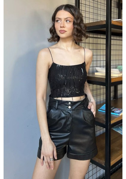 Kadın Ip Askılı Pul Işlemeli Crop Top Bluz P-00016479