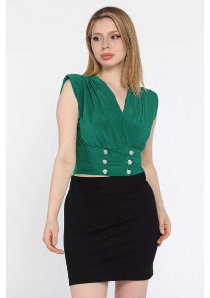Kadın Kruvaze Yaka Düğme Detaylı Pileli Bluz P-00016710