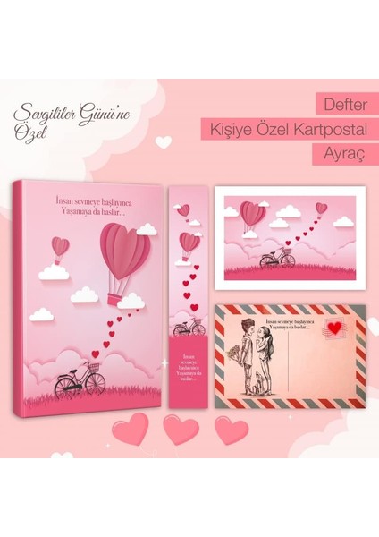 Metrashop Kitabevi Kişiye Özel Kartpostallı Hediye Seti - Pembe Gökyüzü 128 Sayfa Defter 1 Kartpostal 1 Ayraç