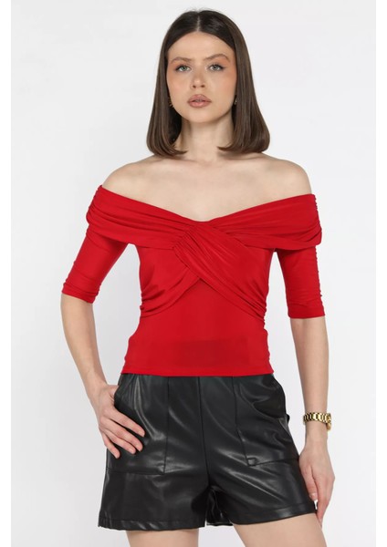 Madonna Yaka Drapeli Kadın Crop Bluz P-00014944