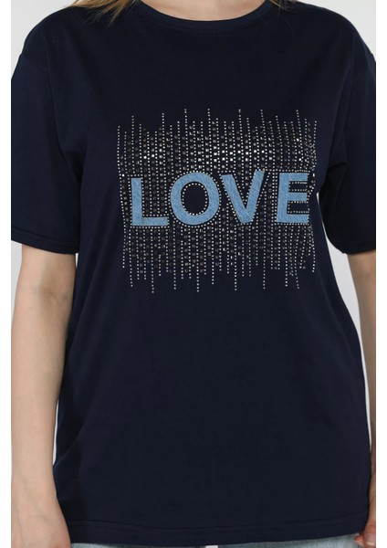 Love Taşlı Bisiklet Yaka Kadın Tişört P-00016715