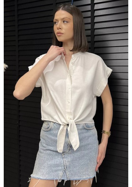 Kadın Ön Bağlamalı Duble Kol Keten Gömlek P-00016703