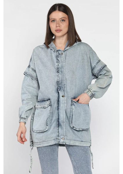 Kadın Kapüşonlu Fermuarlı Taş Detaylı Jean Kot Ceket P-00016702