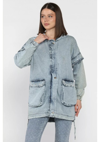 Kadın Kapüşonlu Fermuarlı Taş Detaylı Jean Kot Ceket P-00016702 fiyatları