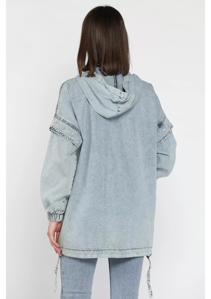 Kadın Kapüşonlu Fermuarlı Taş Detaylı Jean Kot Ceket P-00016702 modelleri
