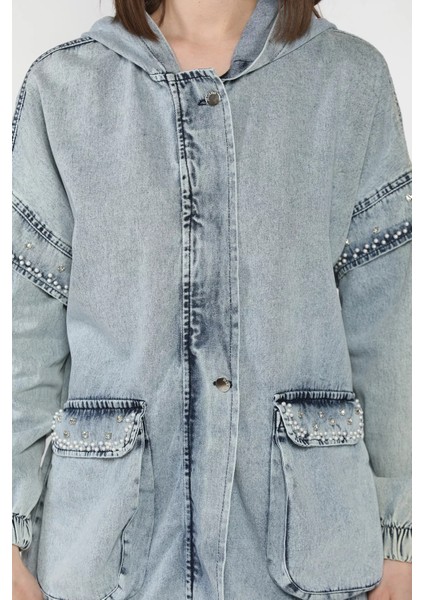 Kadın Kapüşonlu Fermuarlı Taş Detaylı Jean Kot Ceket P-00016702 fırsatları