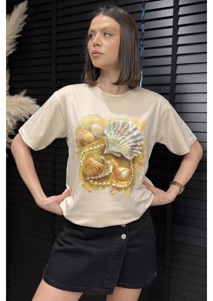 Baskılı Taş Detaylı Kadın Tişört P-00016700