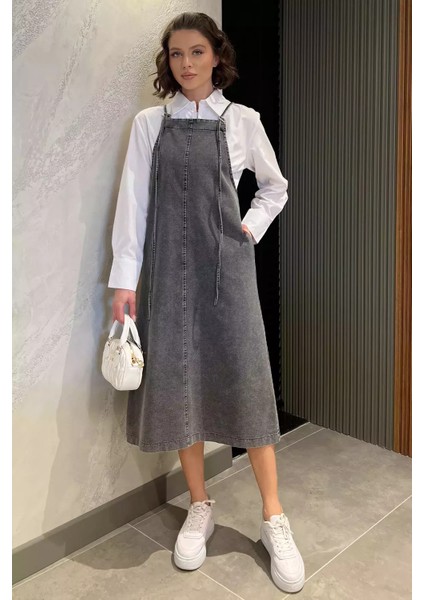 Kadın Ayarlanabilir Askılı Cepli Jean Kot Salopet Elbise P-00015387