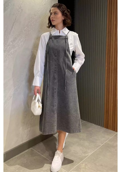 Kadın Ayarlanabilir Askılı Cepli Jean Kot Salopet Elbise P-00015387