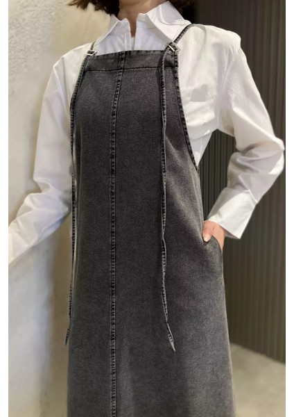 Kadın Ayarlanabilir Askılı Cepli Jean Kot Salopet Elbise P-00015387