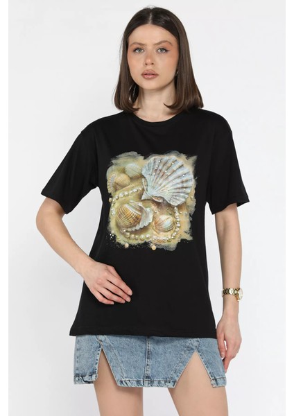 Baskılı Taş Detaylı Kadın Tişört P-00016700