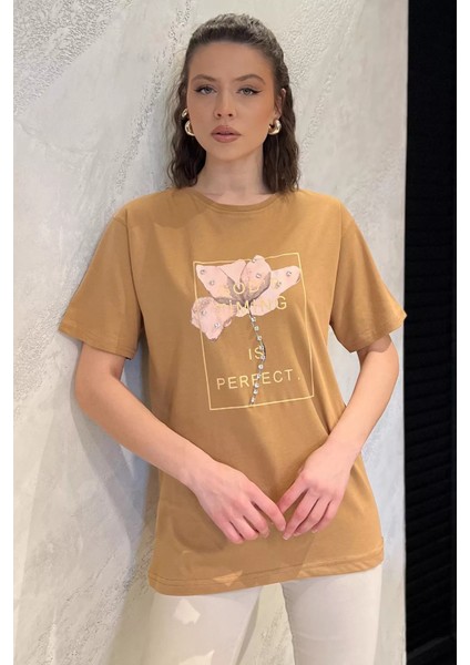 Bisiklet Yaka Taş Detaylı Baskılı Kadın Tişört P-00016697