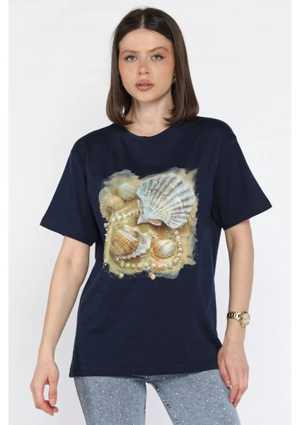 Baskılı Taş Detaylı Kadın Tişört P-00016700