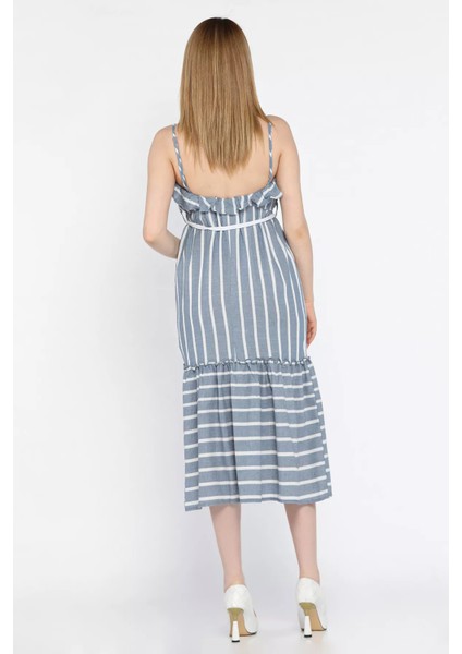 Kadın Ayarlanabilir Askılı Fırfırlı Hasır Kemerli Çizgi Desenli Elbise P-00016695 modelleri