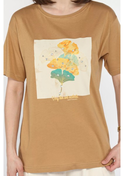 Bisiklet Yaka Baskılı Taşlı Kadın Tişört P-00016694 fırsatları