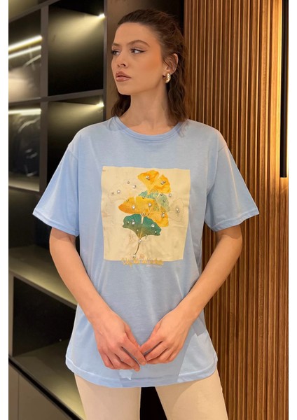 Bisiklet Yaka Baskılı Taşlı Kadın Tişört P-00016694 fiyatları