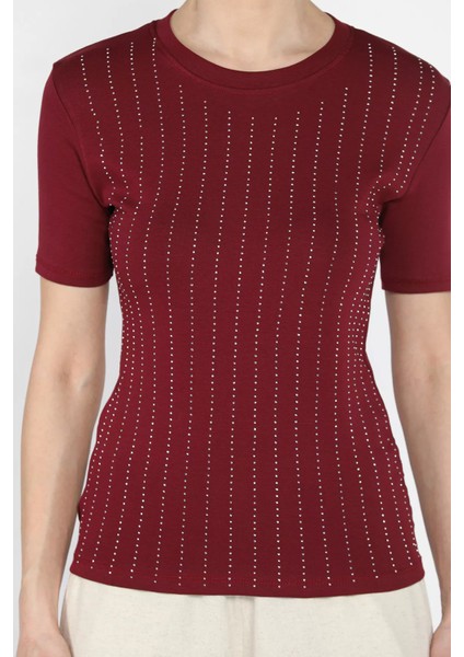 Kadın Bisiklet Yaka Taş Işlemeli Likralı Bluz P-00016687