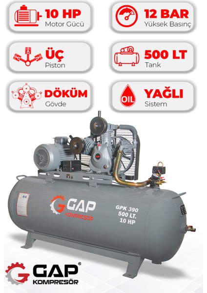 Hava Kompresörü Pistonlu 500LT 3 Kafa 12 Bar 10HP GPK390