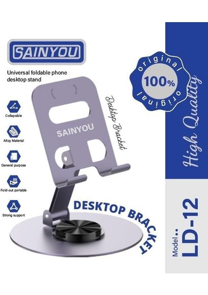 Metrashop Ld 12 360 Derece Dönebilen Metal, Katlanabilir, Alaşımlı 3 Noktadan Ayarlanabilen Tam Bir - Telefon Tutucu ve Telefon Standı (Siyah)