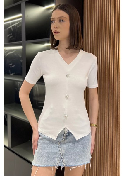 Kadın Inci Düğme Detaylı Likralı Bluz P-00016684