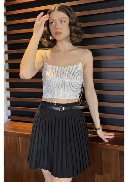 Kadın Ip Askılı Pul Işlemeli Crop Top Bluz P-00016479