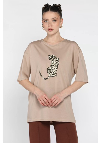 Kadın Bisiklet Yaka Ön Baskılı Tişört P-00016162