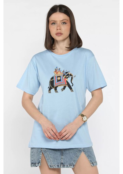 Baskılı Taşlı Kadın Tişört P-00016692