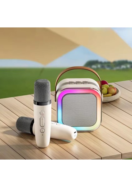 K12 Kablosuz Bluetooth Hoparlör Bej Karaoke 2 Mikrofon Hediyeli Ses Efektli Rgb Hd Stereo Ses Usb/sd fiyatları