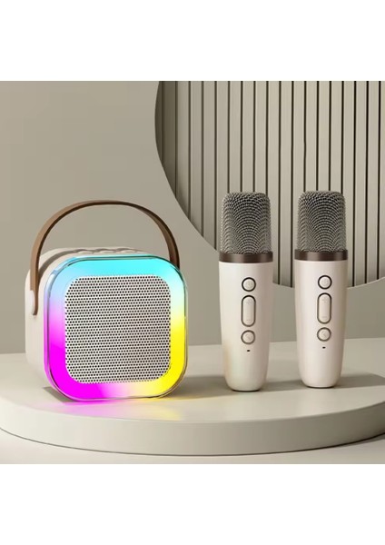 K12 Kablosuz Bluetooth Hoparlör Bej Karaoke 2 Mikrofon Hediyeli Ses Efektli Rgb Hd Stereo Ses Usb/sd fırsatları