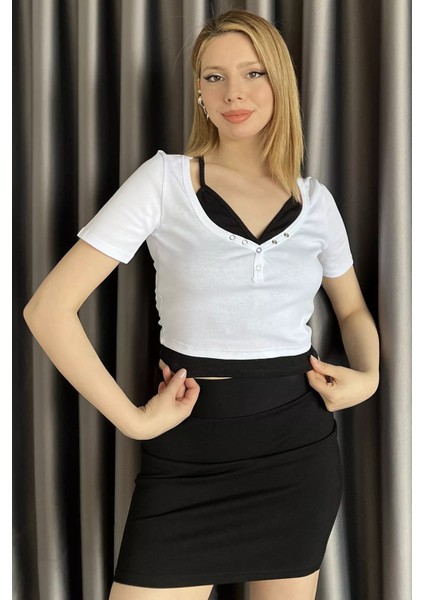 Kadın Büstiyer Kombinli Ön Çıtçıt Detaylı Bluz P-00016676