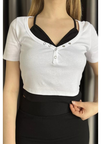 Kadın Büstiyer Kombinli Ön Çıtçıt Detaylı Bluz P-00016676