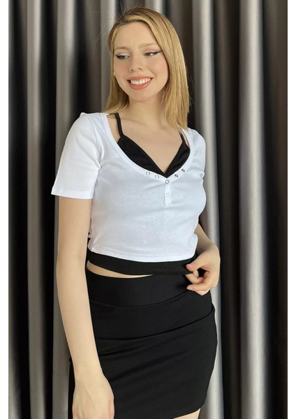 Kadın Büstiyer Kombinli Ön Çıtçıt Detaylı Bluz P-00016676