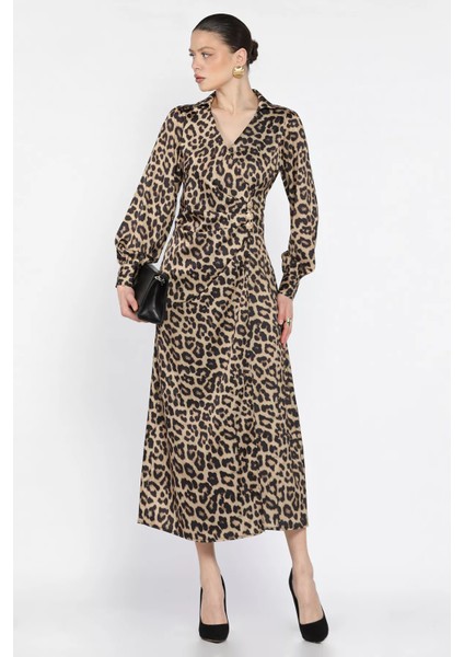 Leopar Desenli Drapeli Saten Elbise P-00016303