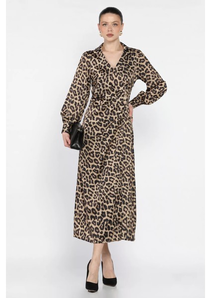 Leopar Desenli Drapeli Saten Elbise P-00016303 fiyatları