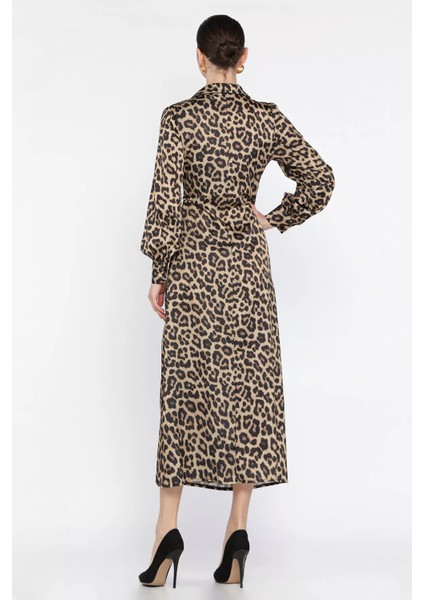Leopar Desenli Drapeli Saten Elbise P-00016303 modelleri