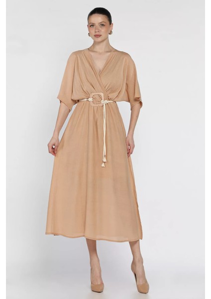 Kruvaze Yaka Bel Lastikli Kemerli Kısa Kol Elbise P-00016306