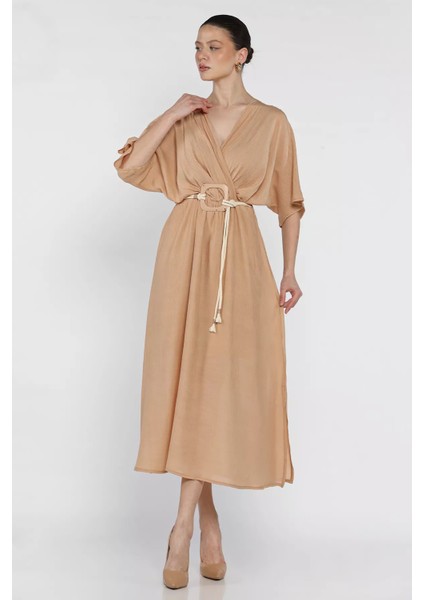 Kruvaze Yaka Bel Lastikli Kemerli Kısa Kol Elbise P-00016306 fiyatları