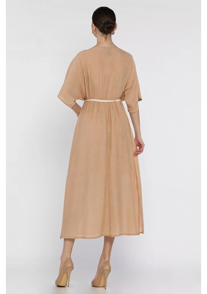 Kruvaze Yaka Bel Lastikli Kemerli Kısa Kol Elbise P-00016306 modelleri