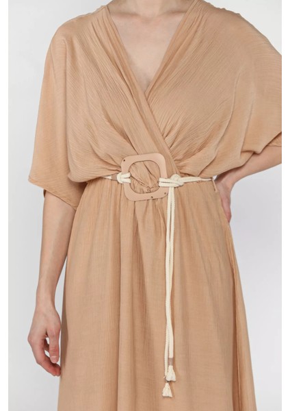 Kruvaze Yaka Bel Lastikli Kemerli Kısa Kol Elbise P-00016306 fırsatları