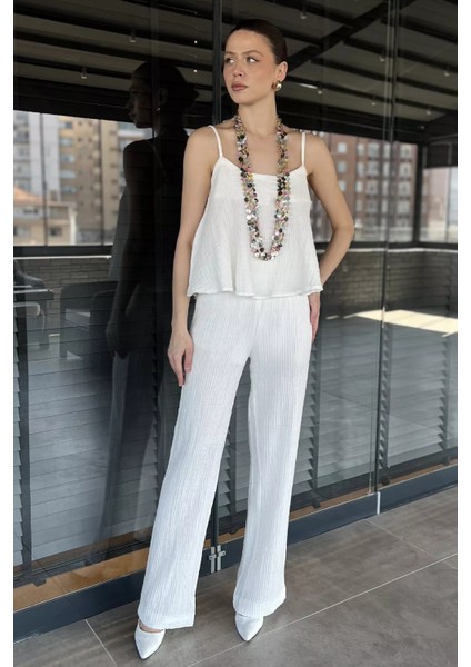 Ip Askılı Keten Bluz Pantolon Ikili Takım P-00016309