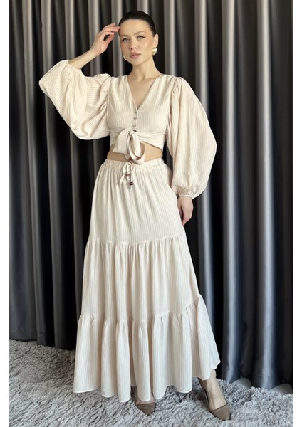 Kadın Balon Kol Ön Bağlamalı Bluz Etek Ikili Takım P-00016319 fiyatları