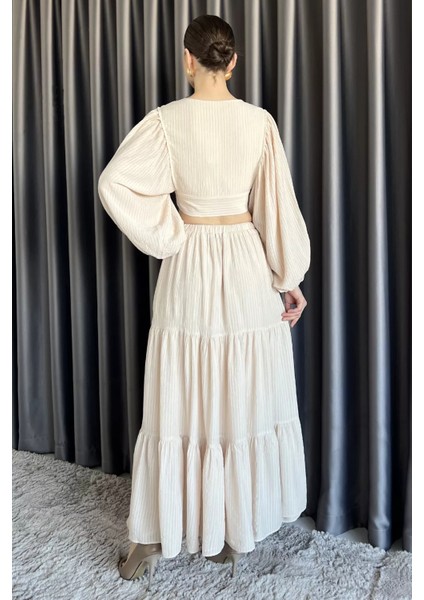 Kadın Balon Kol Ön Bağlamalı Bluz Etek Ikili Takım P-00016319 modelleri